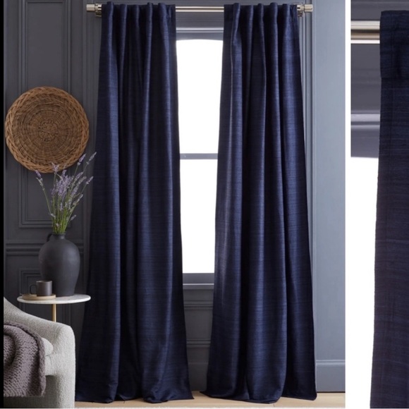 NWT QUINCE Set Raw Silk Curtains Navy Blue 48x96” Room Darkening - Picture 1 of 9